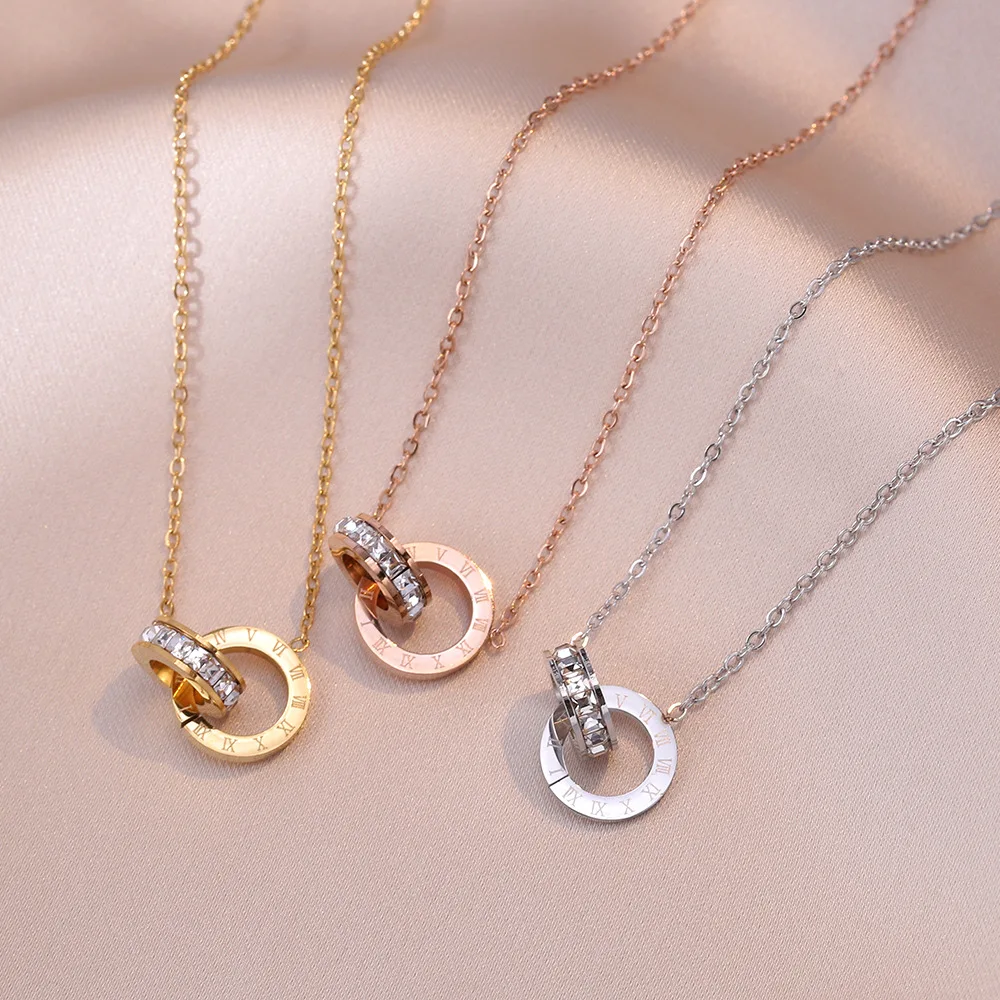 Luxury Elegant Crystal Circle Choker Fashion Roman Digital Stainless Steel Gold Silver Color Pendant Necklaces for Women Jewelry
