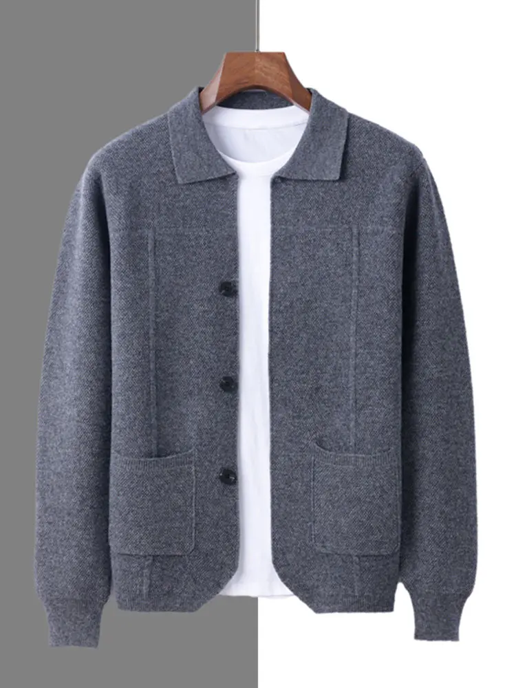 100% Australian wool knitted cardigan jacket loose large size POLO collar top solid color cashmere business wear