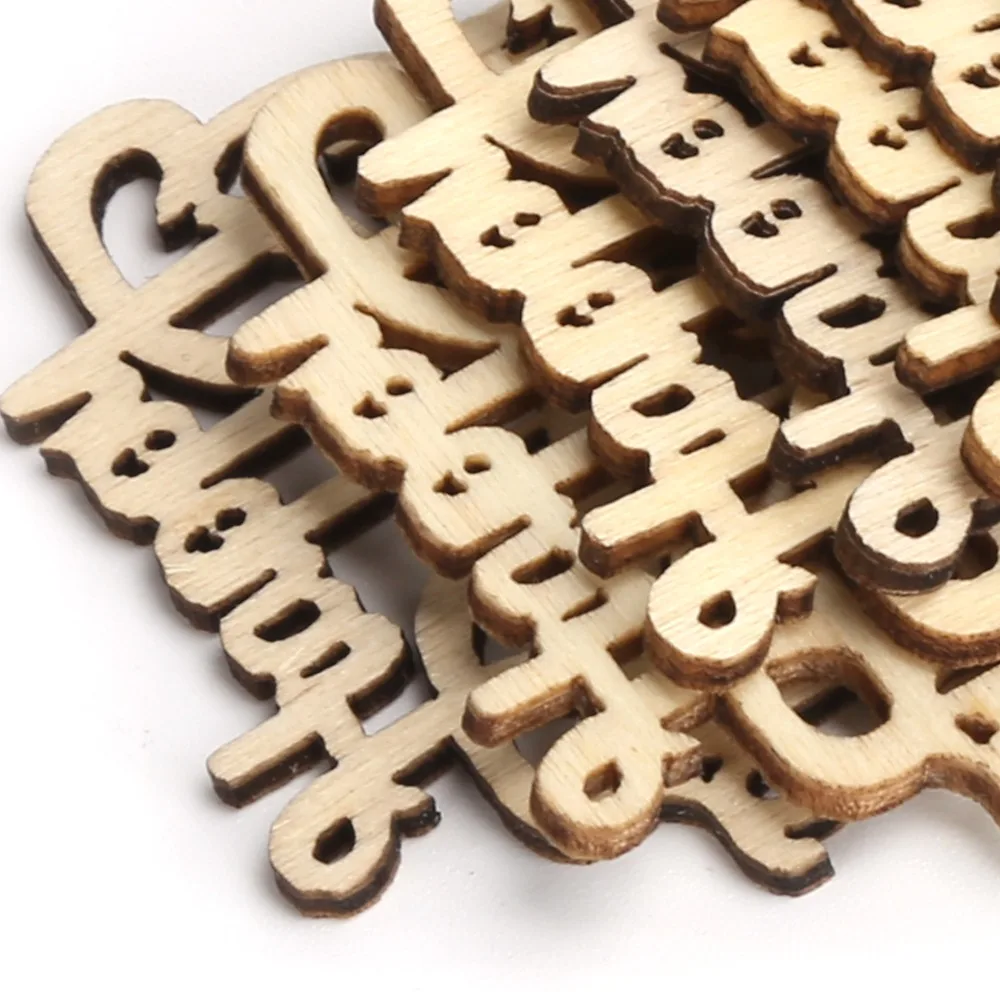20pcs Happy Unfinished Wood Cutout Words Mini Size Hollow Cutout Wooden Ornaments Wooden Party Prop For Birthday Party