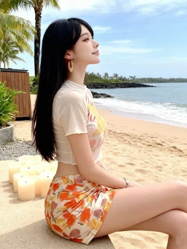 Bikini Set 4-Piece Floral Print & Sexy Design Hot Girl Vacation Swimsuit Summer Crop Tops Sexy Skirt Mini Sundress Cover Up Ropa