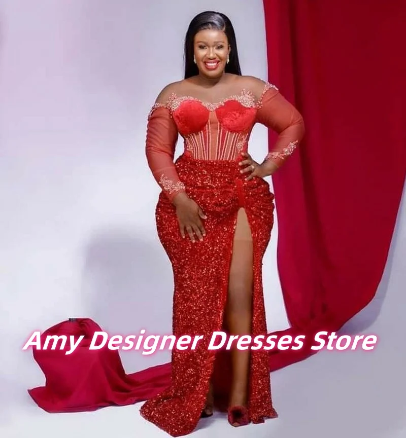 Wykwintna czerwona suknia wieczorowa z aplikacjami z cekinów, z wysokim rozcięciem, syreni krój, nigeryjskie suknie balowe na studniówkę 2025, suknie ślubne na przyjęcie, szyte na miarę.