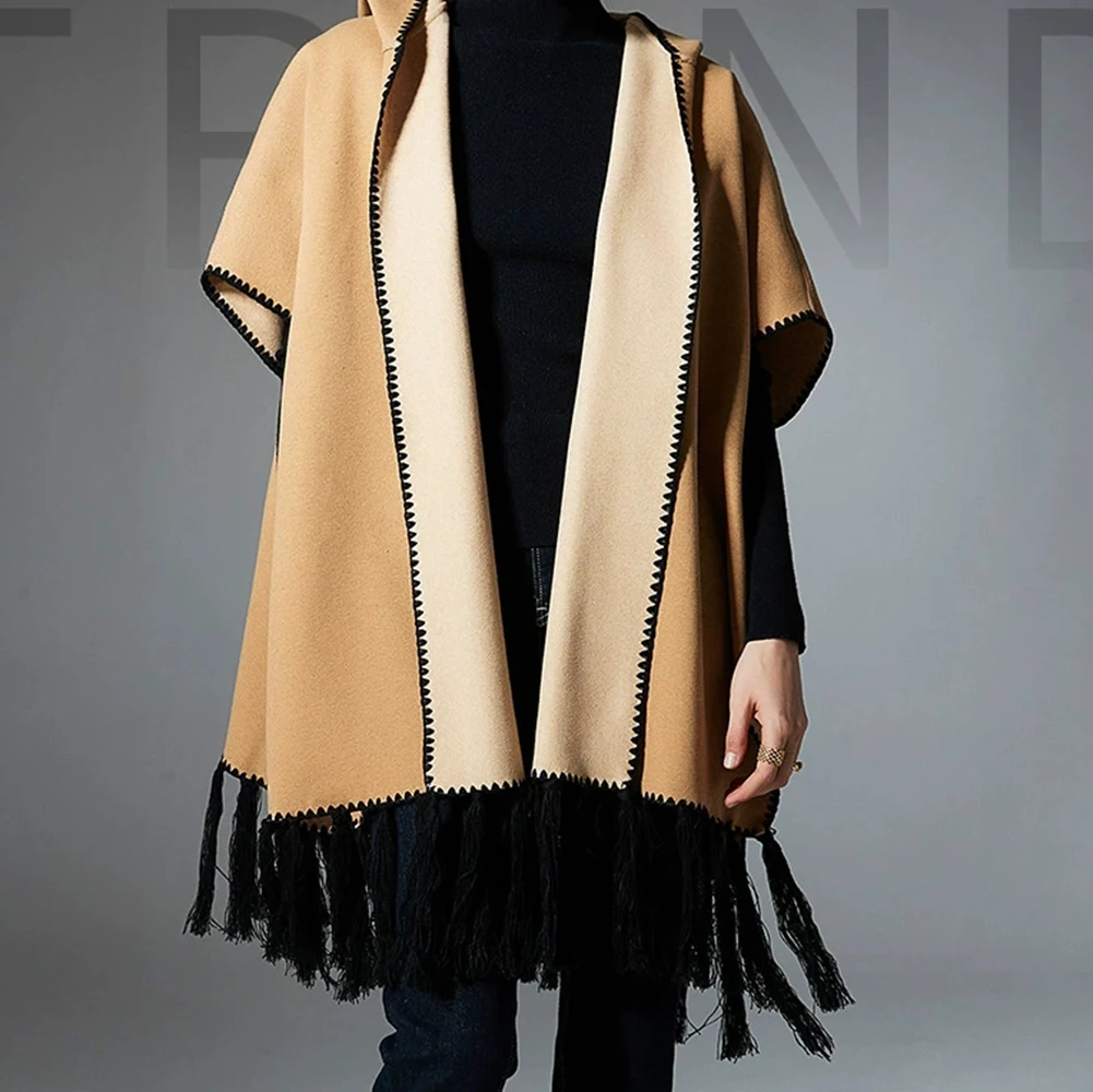

High-end cloak 2025 new European and American autumn and winter solid color tassel hooded cloak shawl-GZXX713