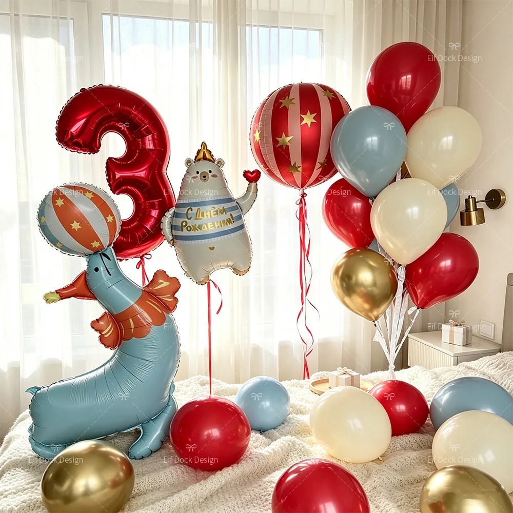 1 Set Zirkus-Thema Stehende Seelöwen und Bären Mattierte Liebesbären Folienballons Rote Zahlen Geburtstagsfeier Jubiläumsdekoration Geschenke