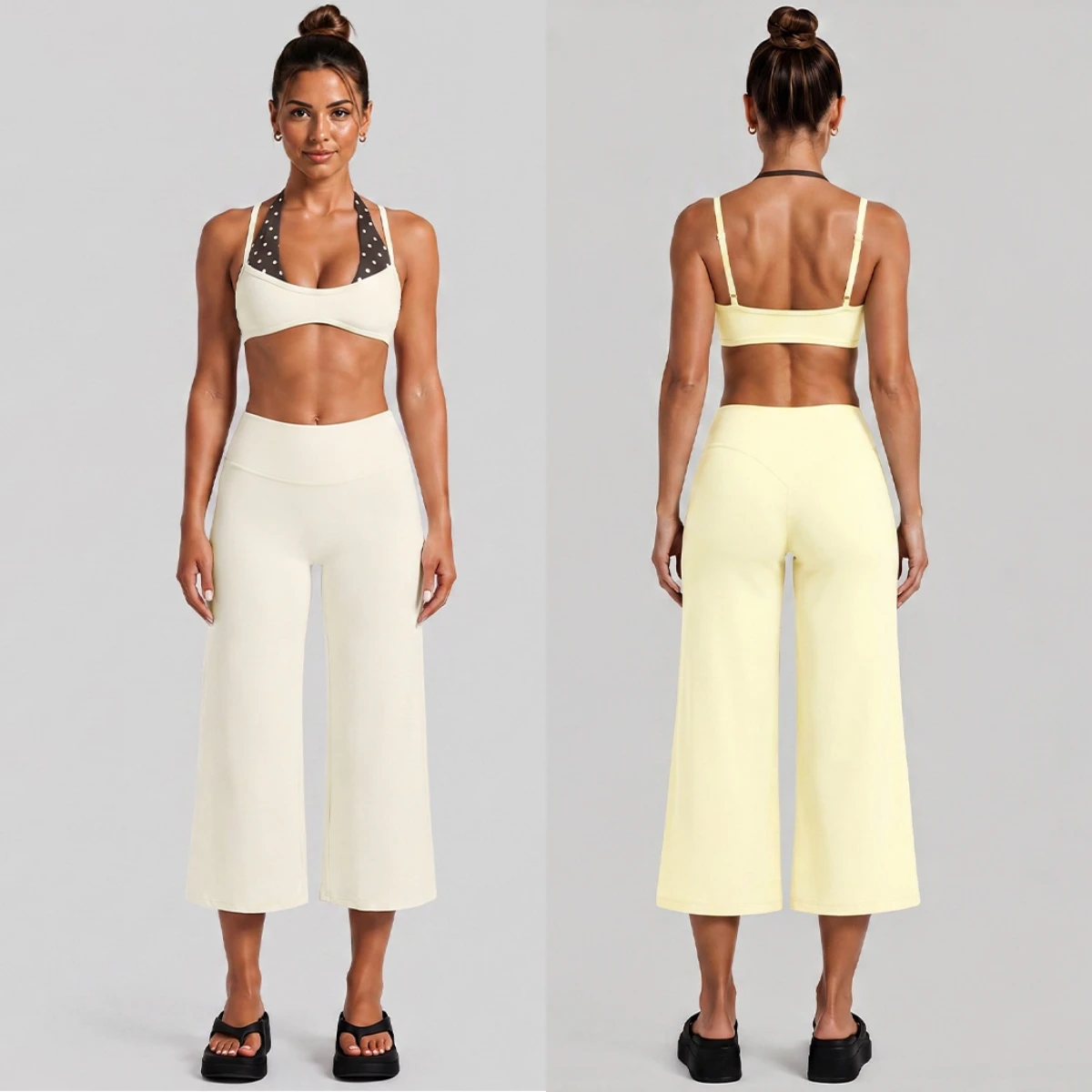 Women 2PCS Yoga Set Contrast Color Halter Polka Dot Spliced Sports Bra High Waist Cropped Wide Leg Pants Gym Workout Fitness Set