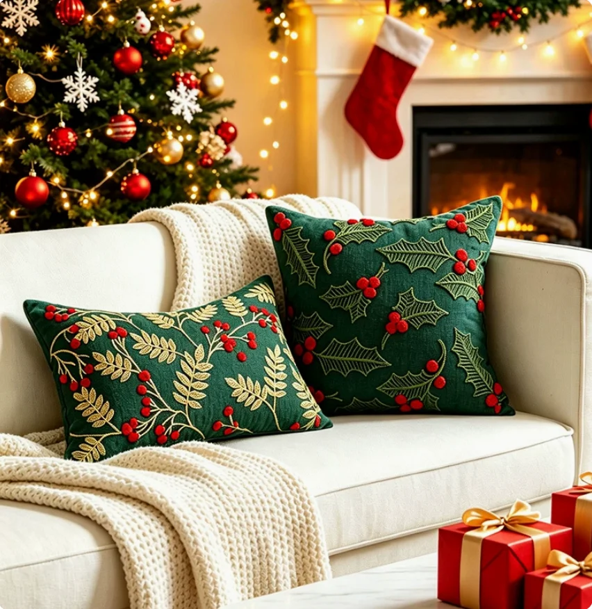Embroidery Xmas Tree - Fodera per Cuscino Ricamata Natalizia con