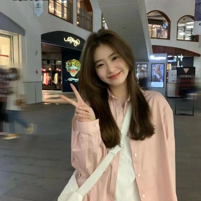 Women Soft Pink French Style Blouse 2026 Spring Autumn Unique Design Oversized Long Sleeve Daily Wear Casual Shirt Top