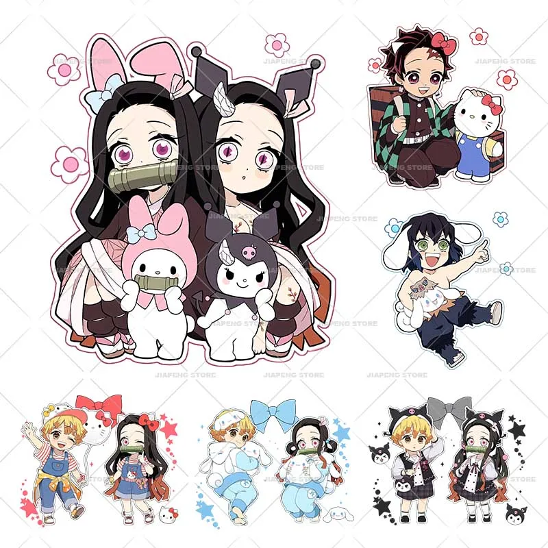 Hello Kitty × Demon Slayer koszulki naklejki Nezuko Kuromi Anime żelazko na naprasowanka winylu dla dzieci naszywki na ubrania z nadrukiem