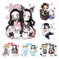 Hello Kitty × Demon Slayer koszulki naklejki Nezuko Kuromi Anime żelazko na naprasowanka winylu dla dzieci naszywki na ubrania z nadrukiem