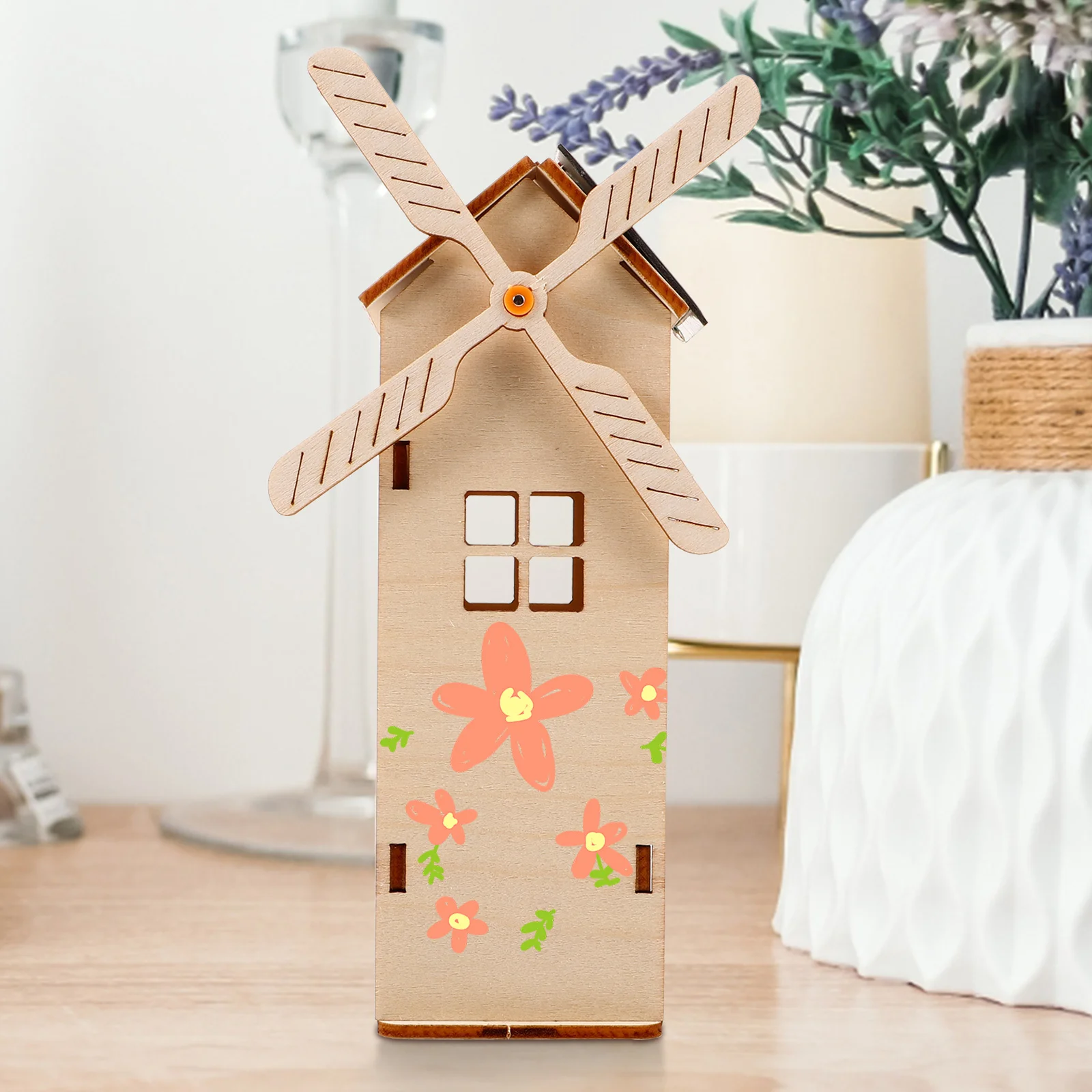 1Set Wooden Solar Powered Windmill DIY Assembly Educational Stem Science Experiment Kit for Kids DIY Solar Windmill