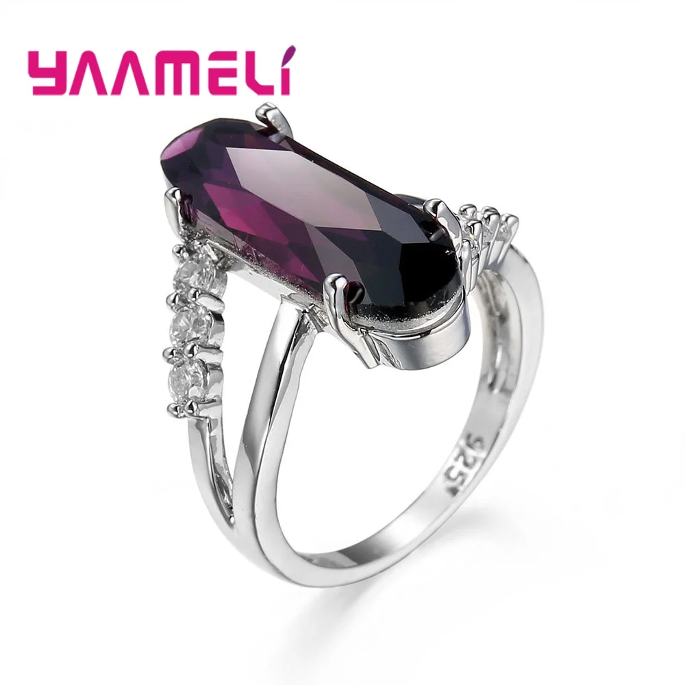 New Hot Selling Big Purple CZ Stone Cocktail Rings Fine 925 Sterling Silver Square Cubic Zircon Jewelry for Lady Female Gift