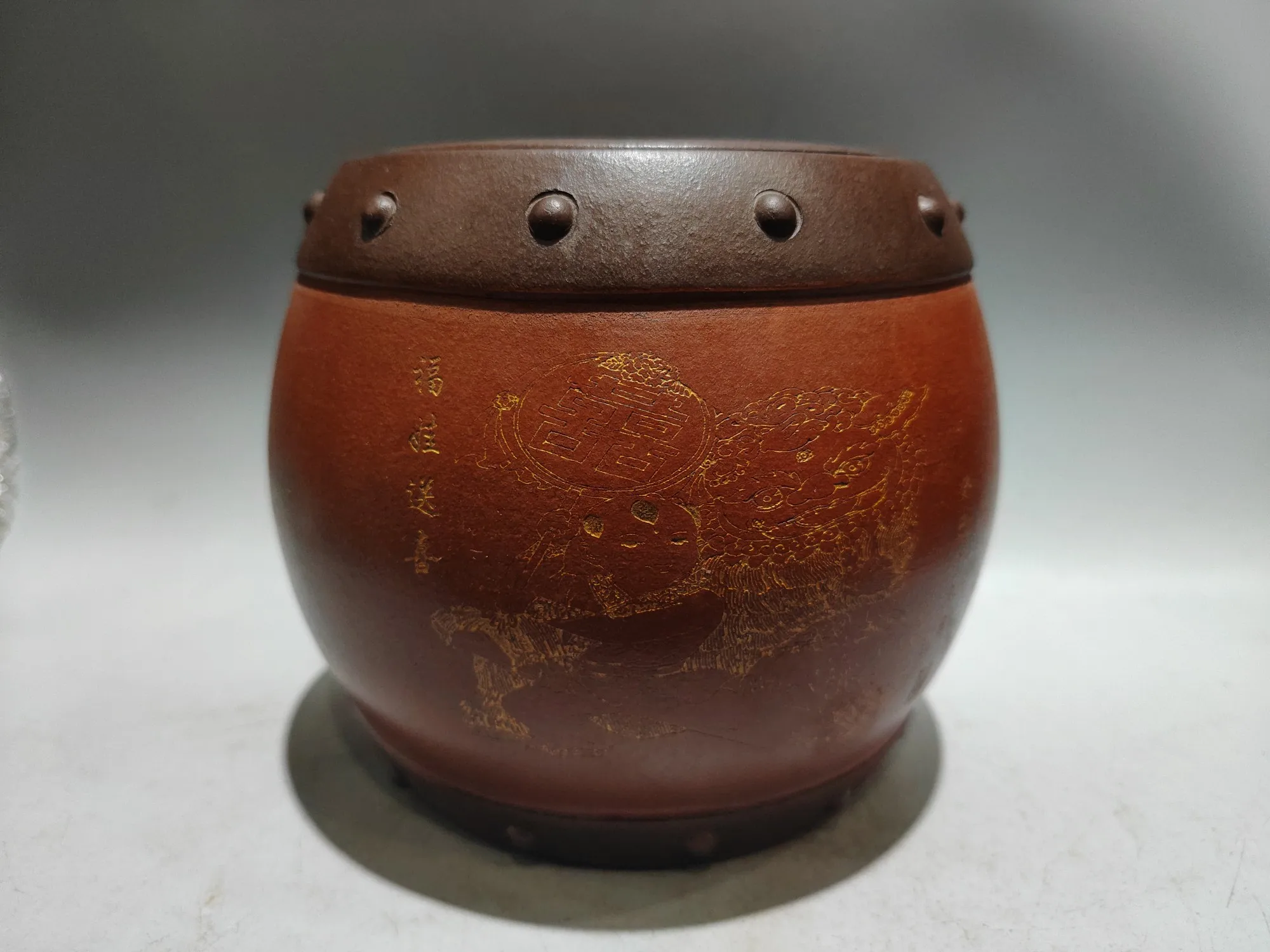 Yixing Purple Clay Pot Red mud Drum shape tea caddy Gift pattern jar Kettle Tasting tea ceremony Ornaments