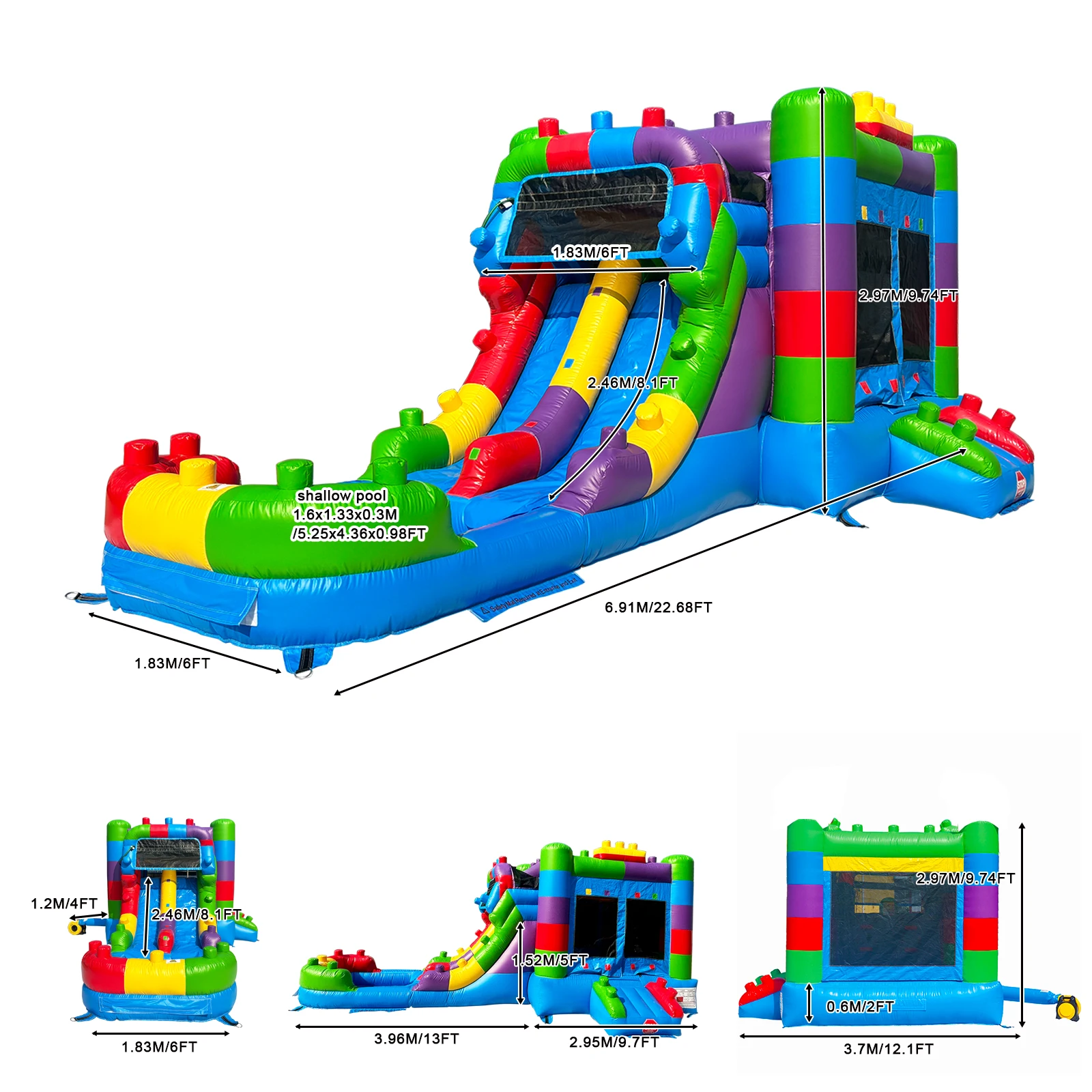 Casa gonfiabile di rimbalzo di grado commerciale combinata con scivoli d'acqua, festa in cortile per bambini, 100% PVC, tema di blocchi di costruzione