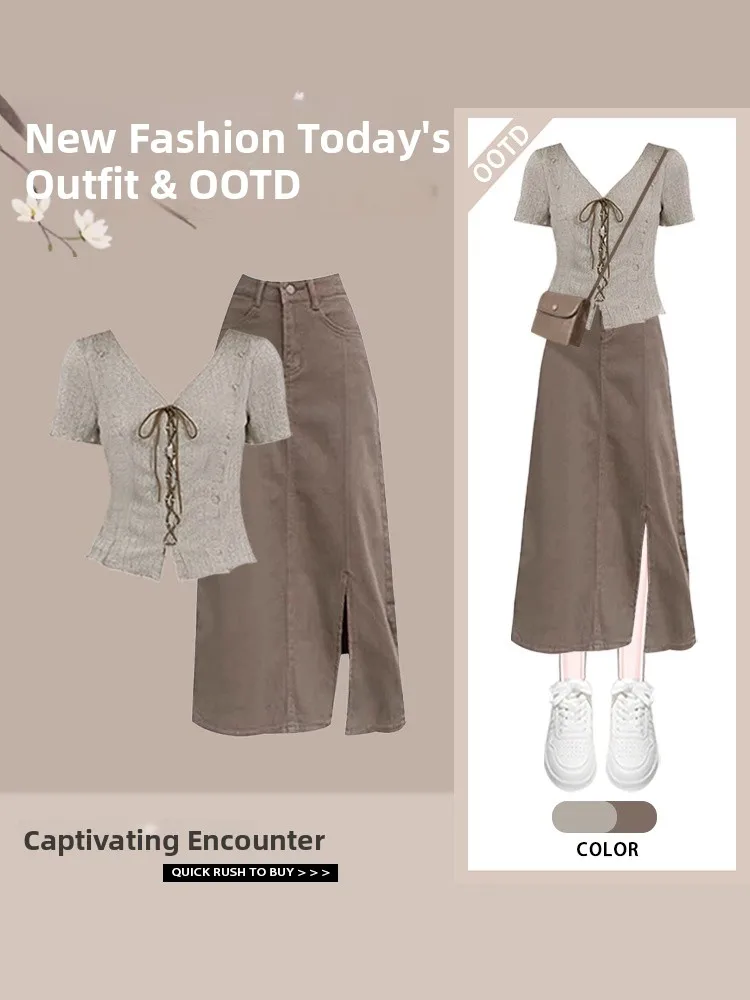 

Женский модный комплект Mila Reed: топ с коротким рукавом и юбка с разрезом, дизайнерский костюм-двойка, подчеркивающий талию, летний наряд