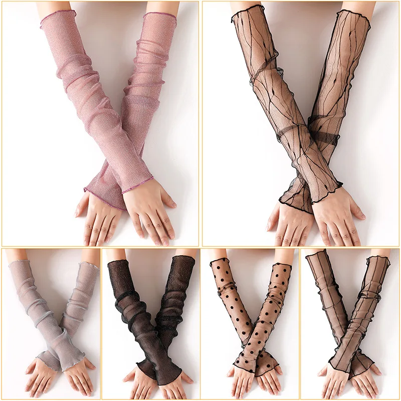 Arm Sleeves Long Half Finger Ice Silk Mesh Ultra Thin Breathable Women Sun Blocking UV Cover Tattoo Scar Cover Cycling Bike Soft
