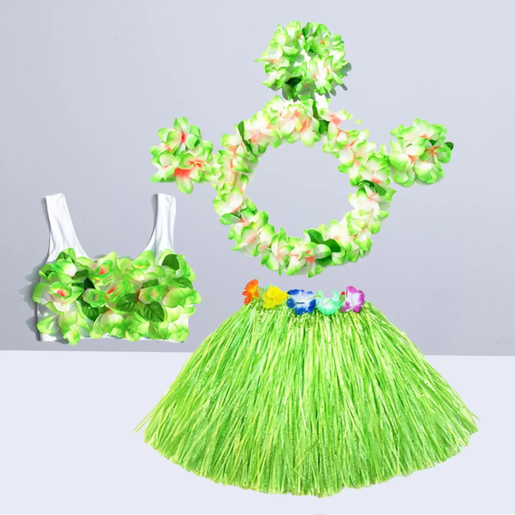 

6Pcs Kids Tropical Hula Grass Skirt Hawaiian Dance Party Set Elastic Waist Bikini Bra Flower Necklace Bracelet Headband 80Cm