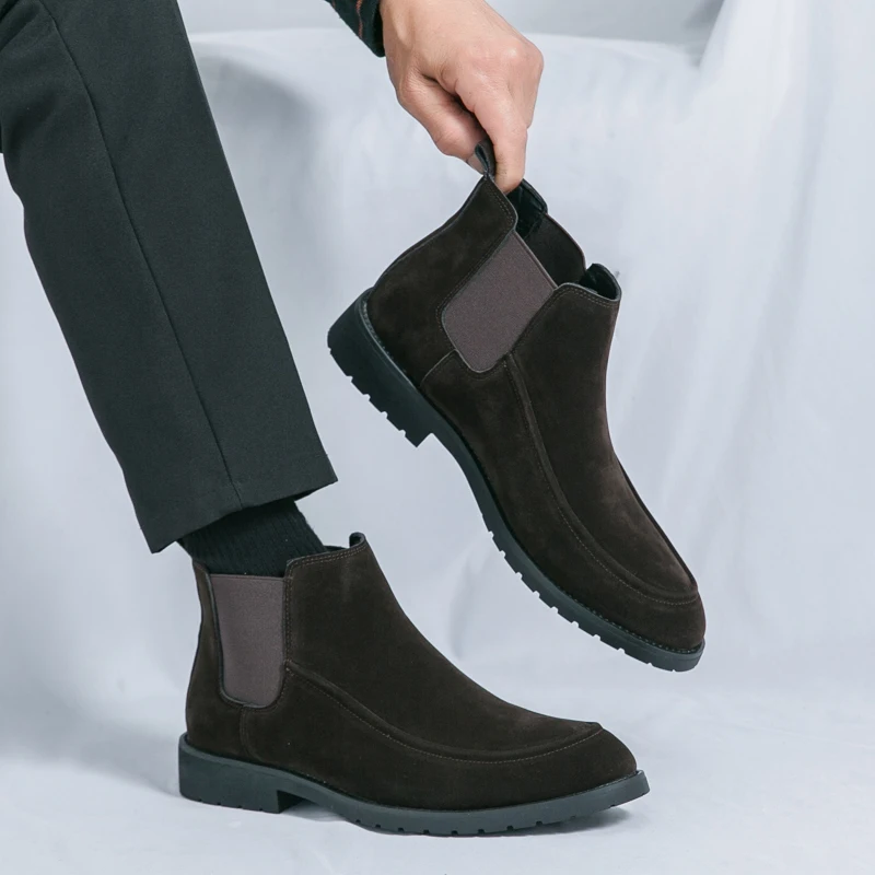 Fashion Chelsea Boots Men Plus Size 46 Slip On Suede Men Leather Boots Brown Bussiness Pointed Boots For Men Botas Masculino