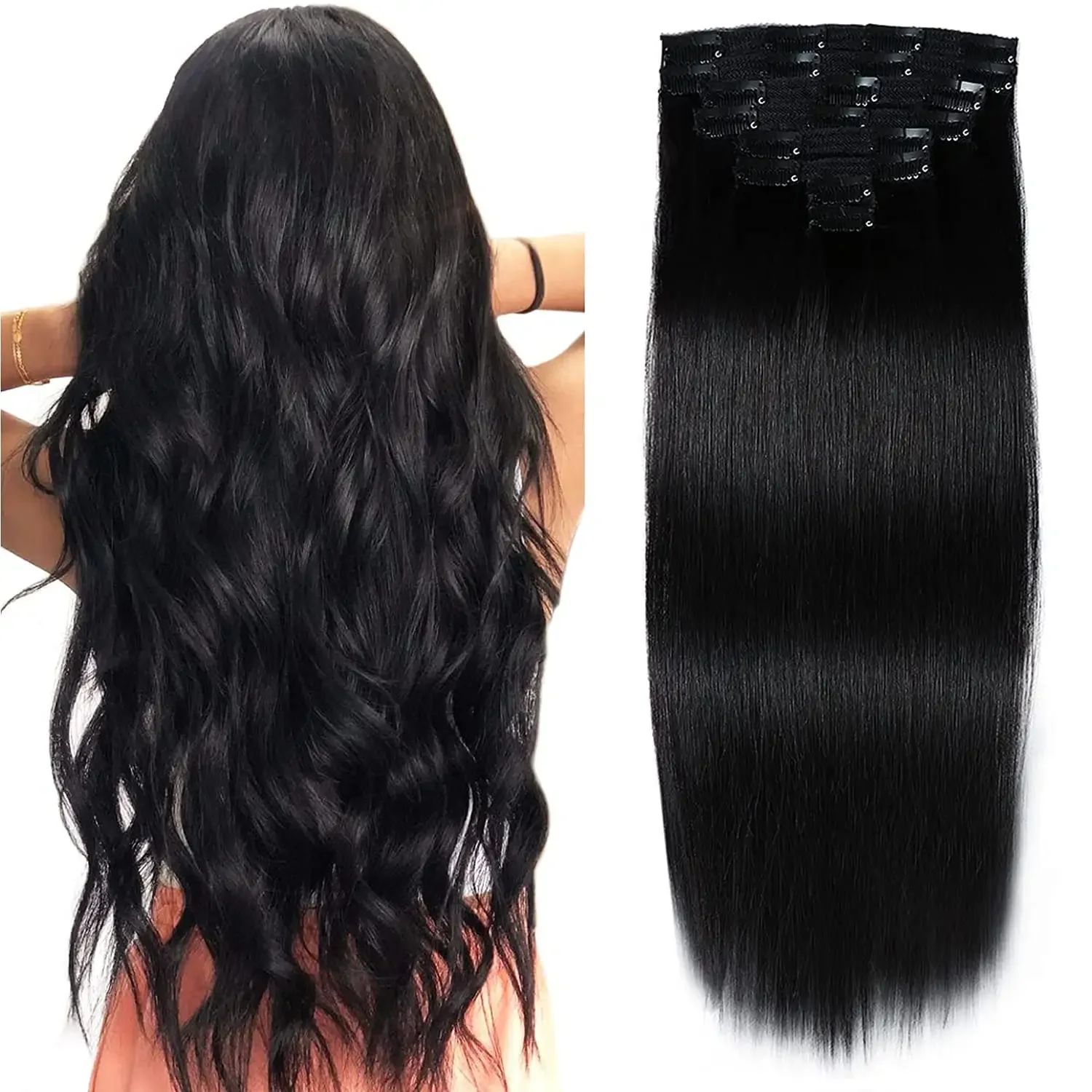 Venta al por mayor, Clip Natural liso superior en extensión de cabello humano Real, cabeza completa, cutícula de cabello humano brasileño 100% alineada para mujeres