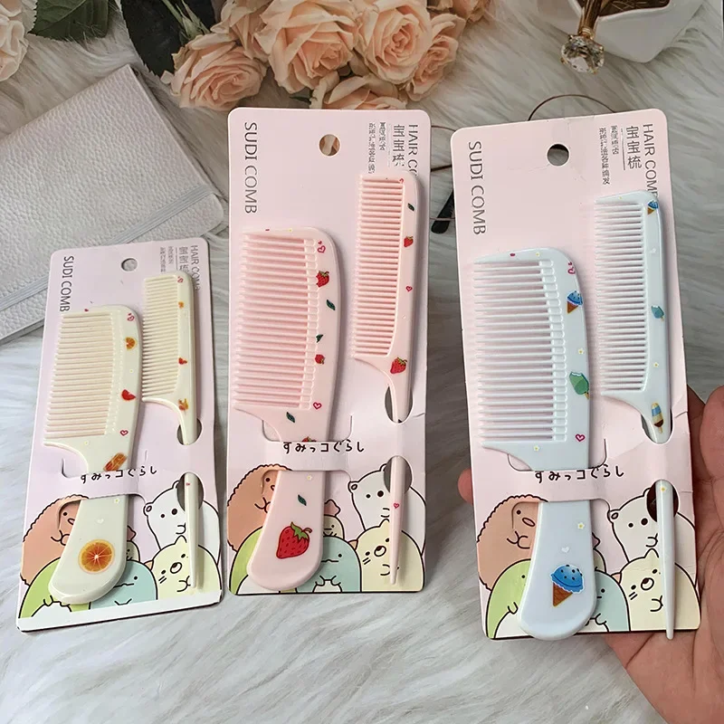 2pcs/set Cute Kids Hairdressing Supplies Comb Anti-static Pointed Tail Hair Brush for Girls Cartoon Strawberry Fruit Hairbrush