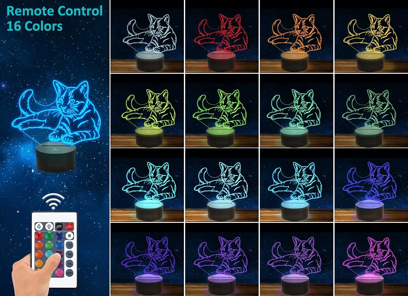 Luz de noche de gato, lámpara 3D para mascotas, luz de gatito con Control remoto de 16 colores, regalo de vacaciones de cumpleaños para amantes de