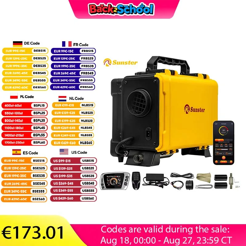 Sunster-caja de herramientas portátil, calentador de aire para estacionamiento diésel, 8KW, 12V y 110-240V, con ventilación, modo de limpieza, LCD y Bluetooth para autocaravana
