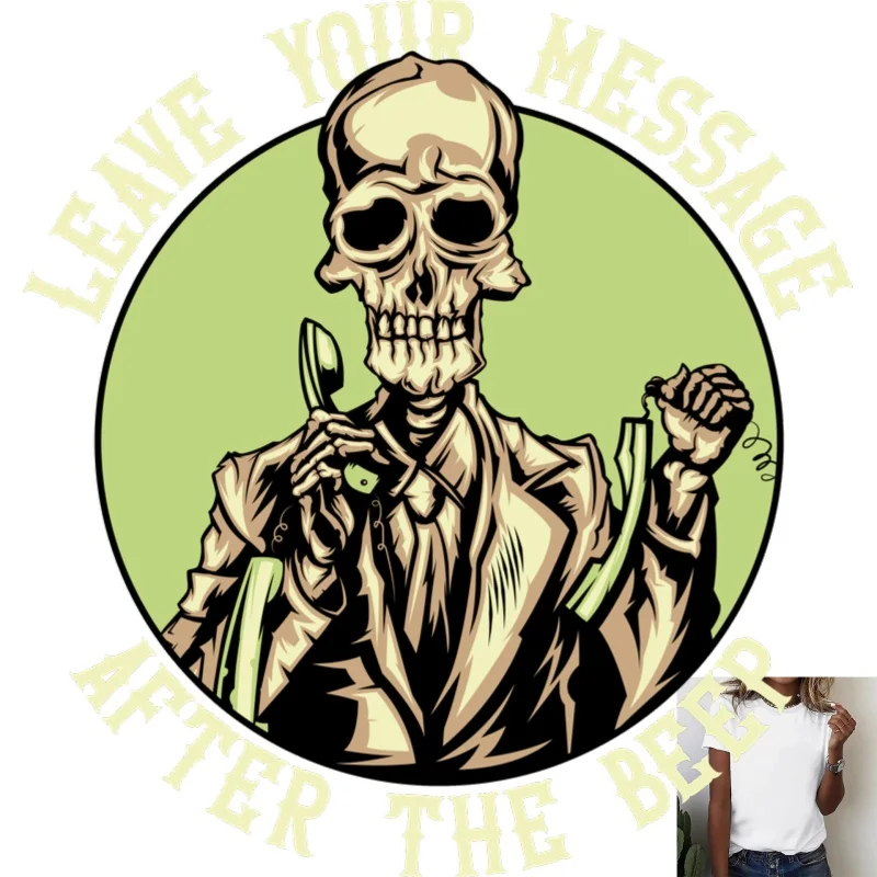 Cool Skeleton Answering Phone Heat Transfer White Ink Iron - on, Street Style, Suitable for T - shirts, Canvas Bags, Perfect