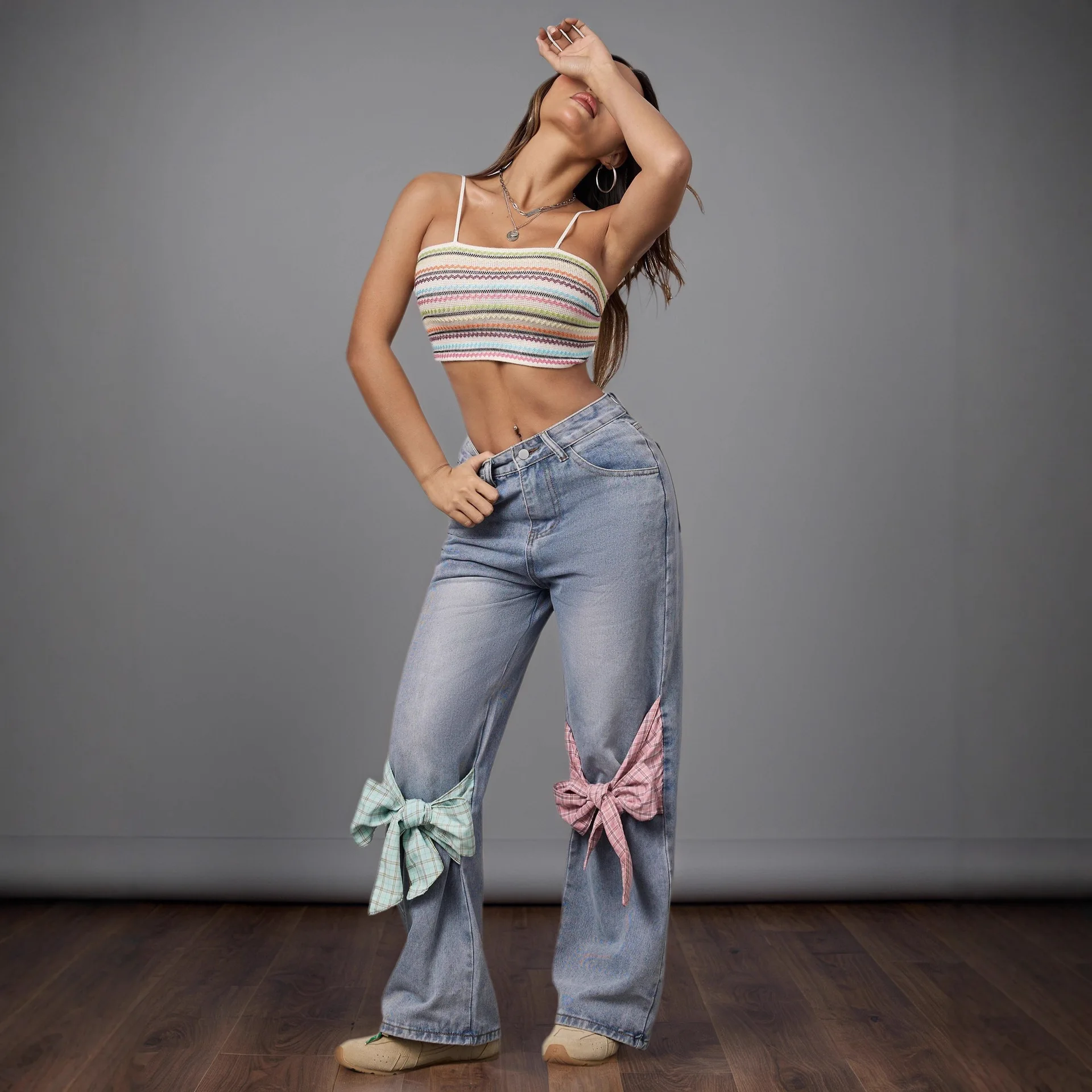 Frauen Drucken Bogen Denim Hosen Gerade Lose Hohe Taille Breite Bein Hose Casual Gespleißt Taschen Hosen Streetwear Gewaschen Winter