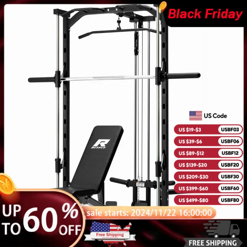 RRitFit Smith Machine Power Rack with LAT-Pull Down System,Landmine,Barbell Bar,Plate Storage Pegs and More Training Attachment