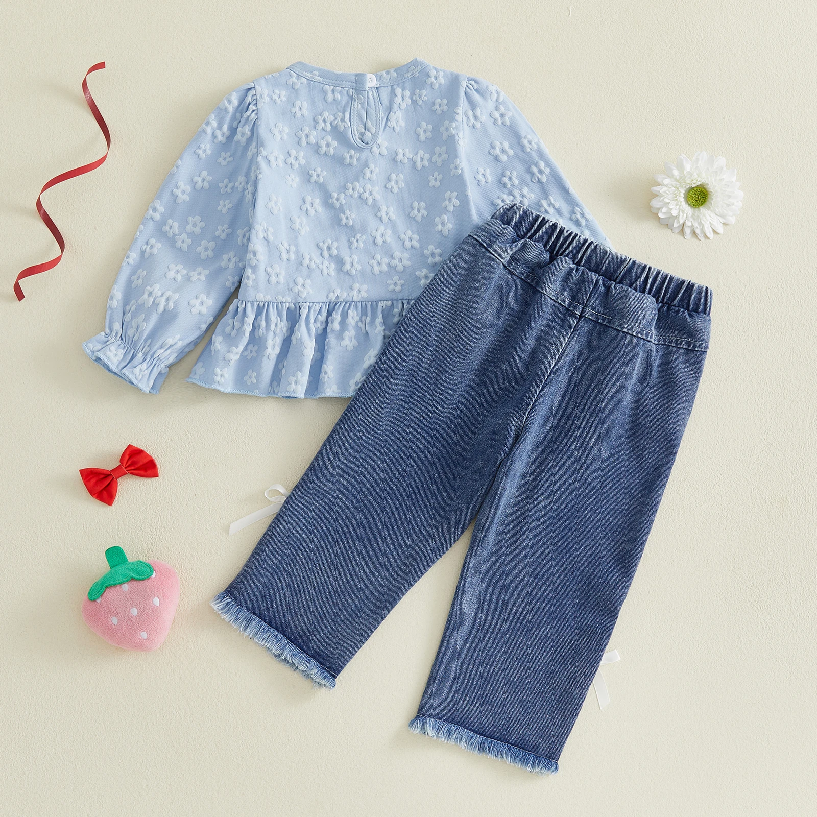 1-4Y Toddler Girl Fall Outfits Bow Bubble Long Sleeve Lace Shirt Tops + Denim Pants 2 Pcs Cute Children's Sets