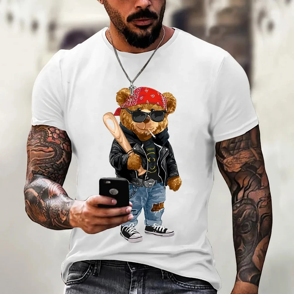 2023 New Teddy Bear Printed Men\'s T-shirt Casual Round Neck Short Sleeve Summer Street Trend Hip Hop Harajuku Round Neck Large T