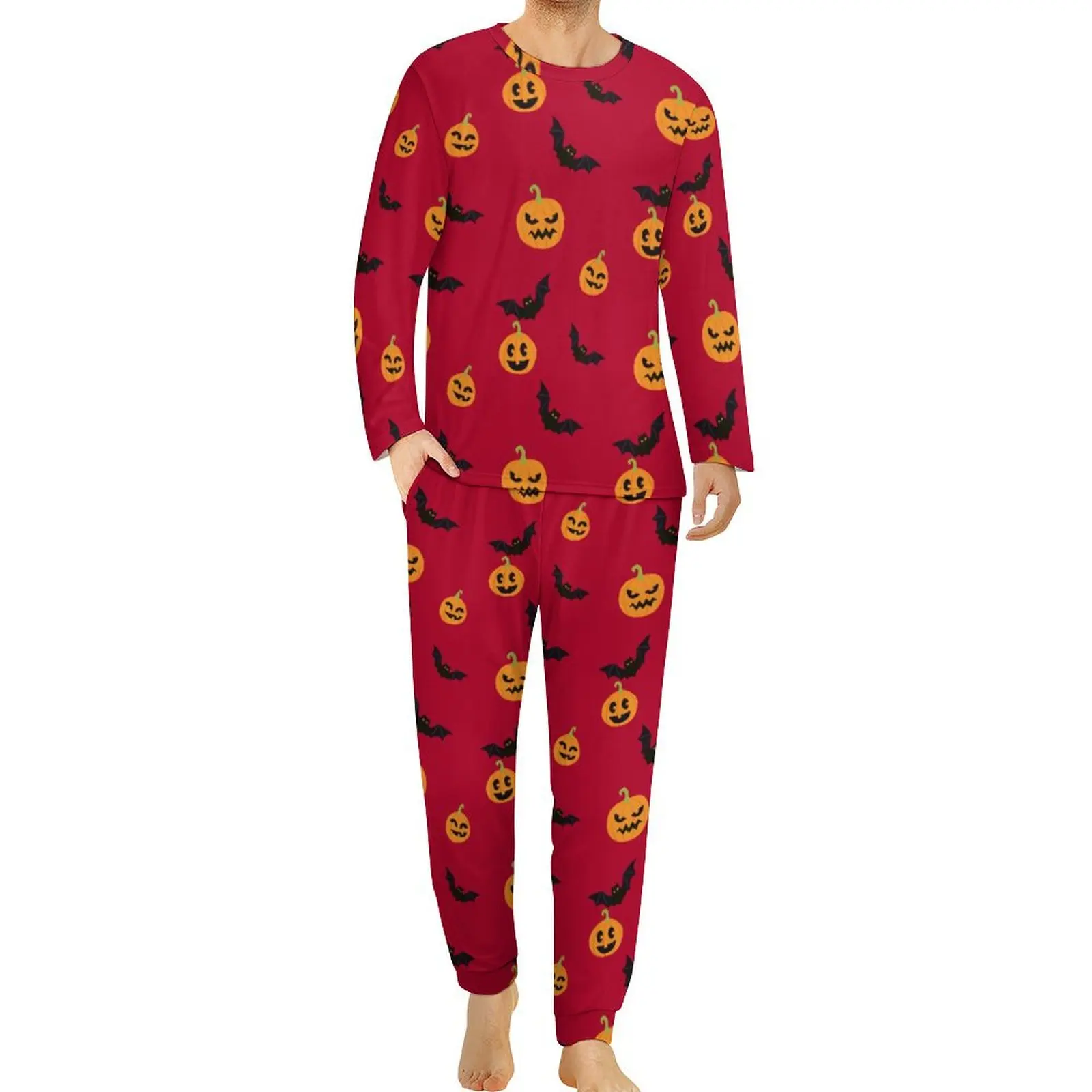 Halloween Pajamas Autumn 2 Pieces Red Pumpkin and Bat Fashion Pajamas Set Mens Long Sleeve Aesthetic Custom Sleepwear 4XL 5XL