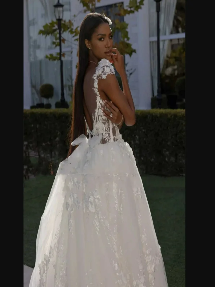 Customized  Cap Sleeves  Lace Appliques   A-Line  Wedding Dress  Vestido De Casament  Backless  Beach  Bridal Gowns