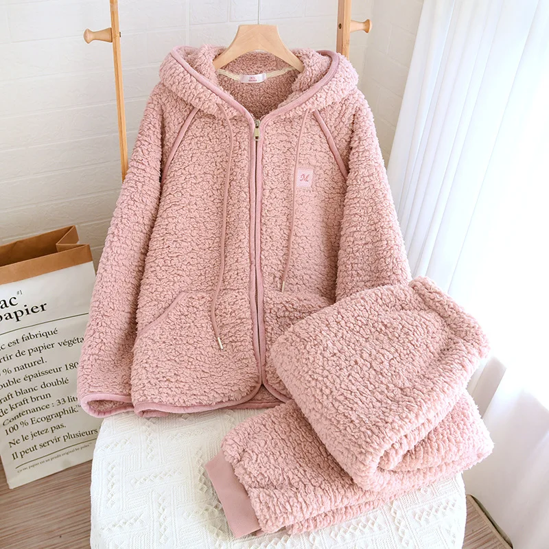 New Flanner Couple's Pajama Hooded Zipper Sleeping Sleepwear Winter Underwear Set Nightie Warm Pajamas Pyjamas Women