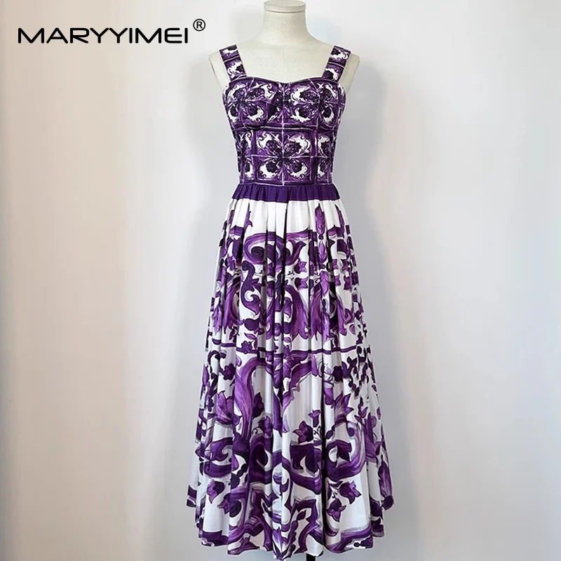 MARYYIMEI 우아한 세련된 여름 드레스 스파게티 스트랩 백리스 하이 웨이스트 퍼플 프린트 캐주얼 홀리데이 코튼 드레스