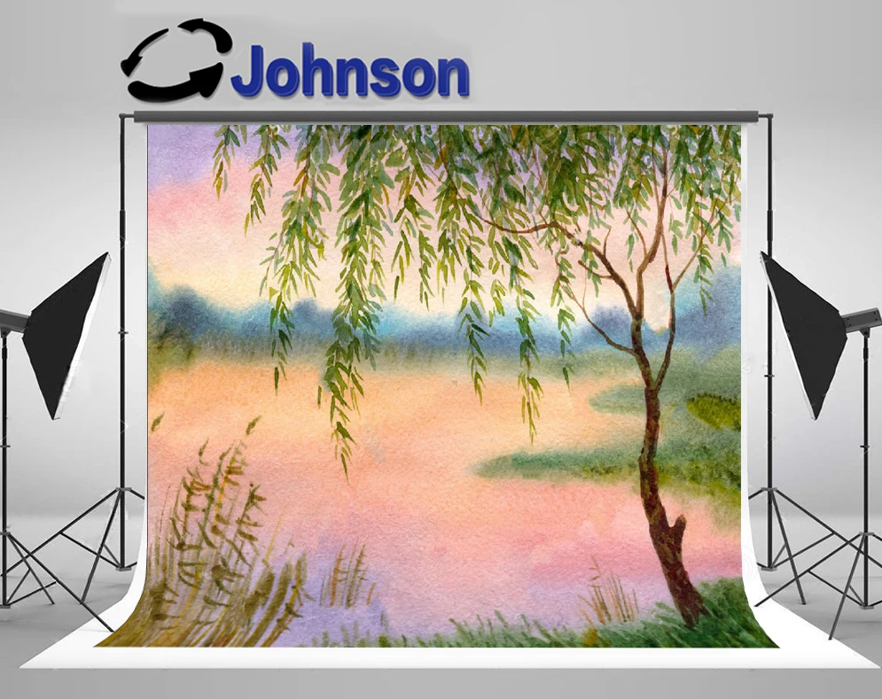 

JOHNSON Willow Tree Watercolor Landscape Branches Bent Pond background High quality Computer print wedding backdrops