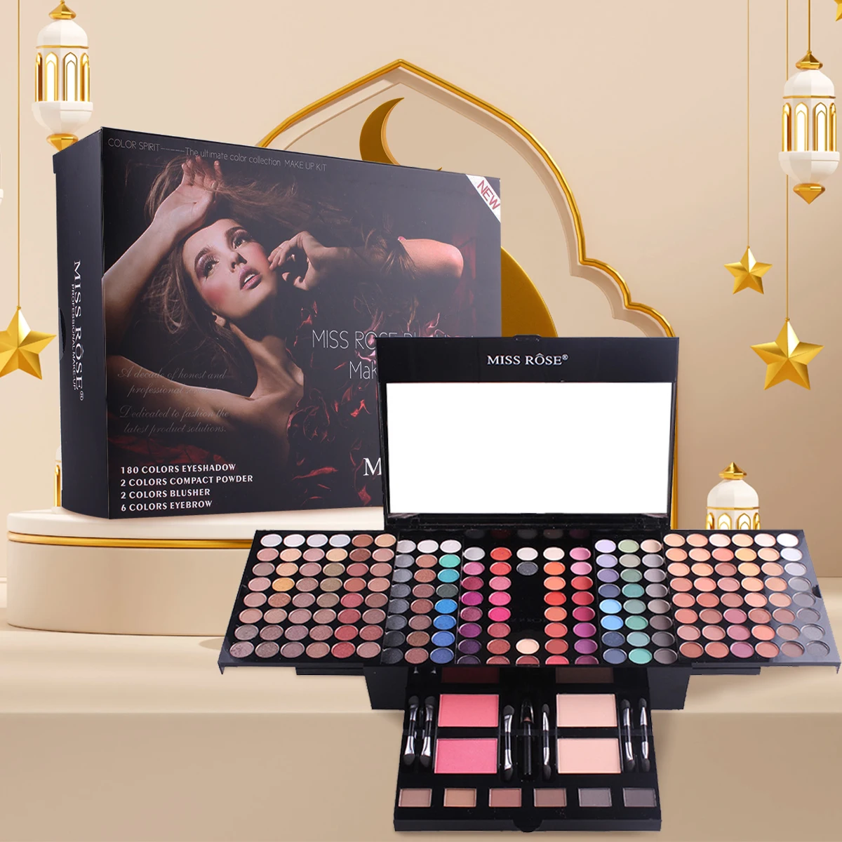 Professionelle Make-up-Palette mit 190 Farben, Lidschatten, Rouge und Augenbrauenpuder 4-in-1, wird mit Spiegel und einem kompletten Pinselset geliefert,