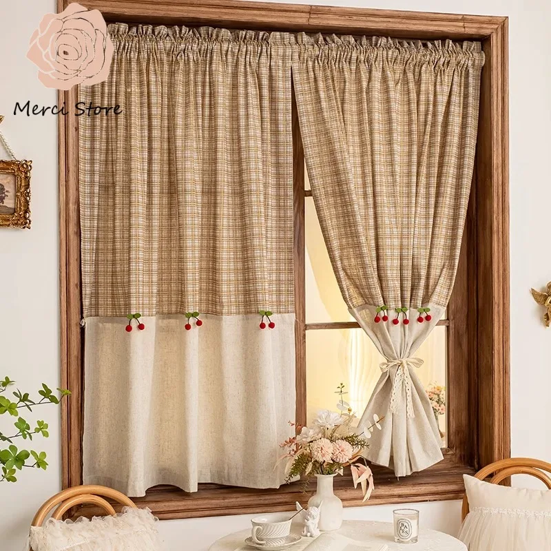 

French Retro Pastoral Cotton Linen Plaid Cherry Half Tulle Curtain for Living Room Small Windows Kitchen American Cabinet Door