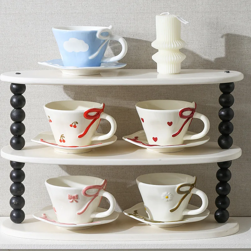 

Underglaze - Colored Ceramic Coffee Cup and Saucer Set with 3D Bowknot Large - Capacity Latte Cup Love - Shaped Souvenir