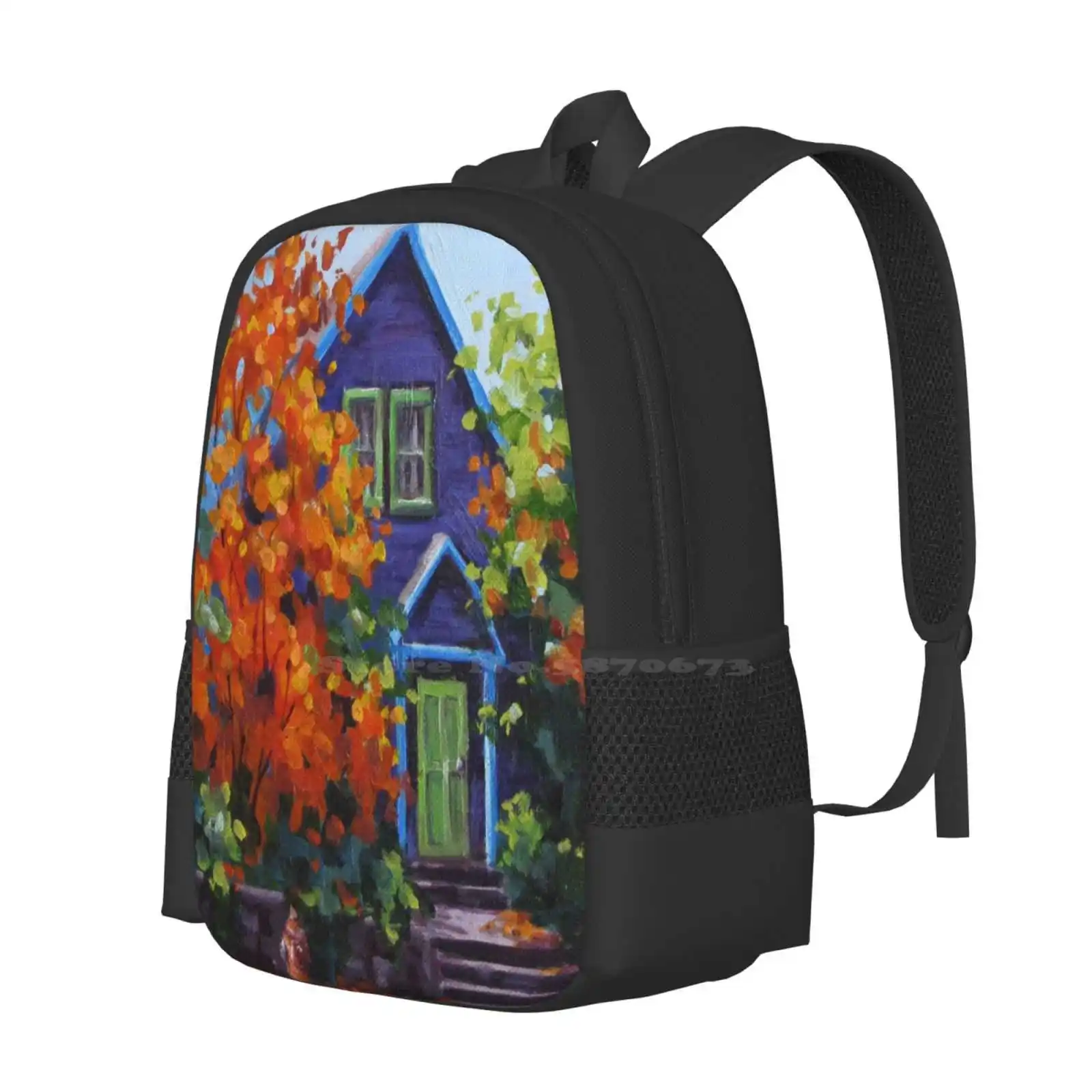 Fall In The Neighborhood Hot Sale Schoolbag Backpack Fashion Bags Fall Autumn Home House Neighborhood Orange Purple Green