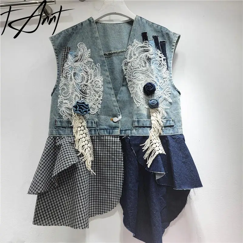 Tannt Women Vest Asymmetry Patchwork Grid Sleeveless Vest Coats Irregular Color Matching Fashion Summer Overcoat 2025 New