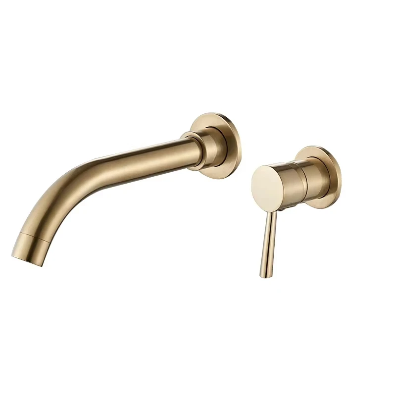 Wandmontierte Waschbeckenarmatur, Einhand-Warm-Kalt-Wasserhahn für verdeckte Badezimmerwaschbecken, 2-teiliger Wandmontage-Messing-Waschtischhahn mit langem Auslauf, moderner minimalistischer G1/2