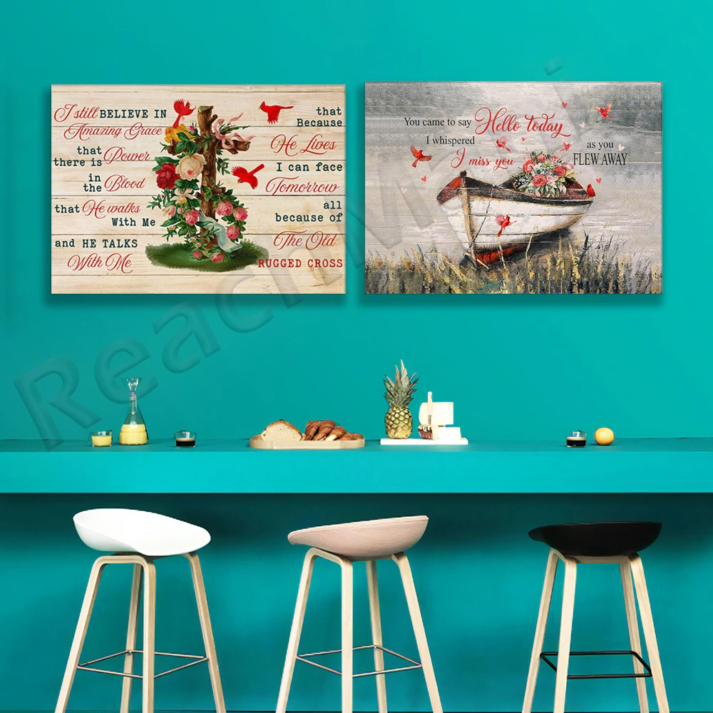 Cardinal Memory, I Whisper I Miss You, I Still Believe in Amazing Grace, Christian Faith Cross, Cardinal, Canvas Poster