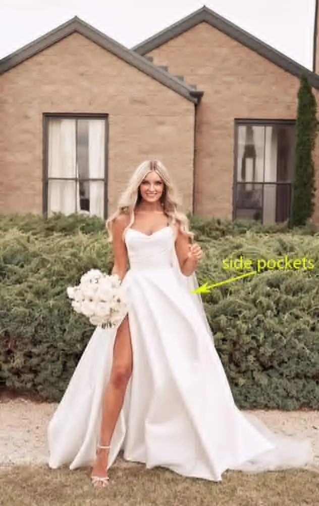 Abito da ballo in raso bianco senza spalline Abito da ballo formale con pieghe lunghe con spacco e tasche per abito da sera da donna