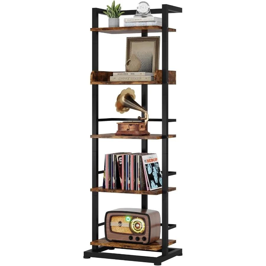 

Narrow Bookshelf with 5 Tiers for Living Room Bedroom Home Office: Industrial Modern Wood Bookcase Featuring Metal Edge Protect