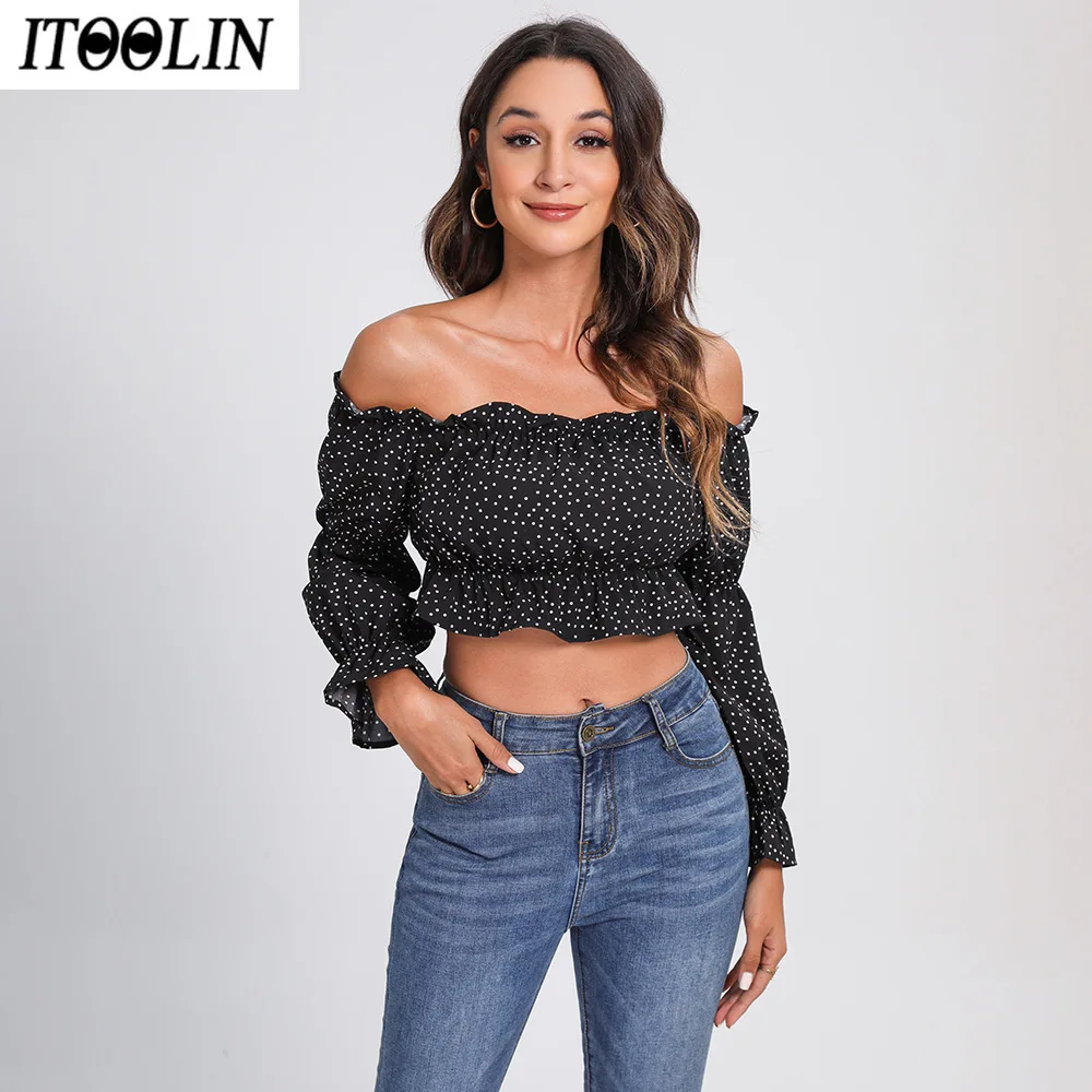 ITOOLIN Summer 2022 New Pure Color Fold One Word Led Long Sleeve Blouse Brief Paragraph Black Female T-shirt