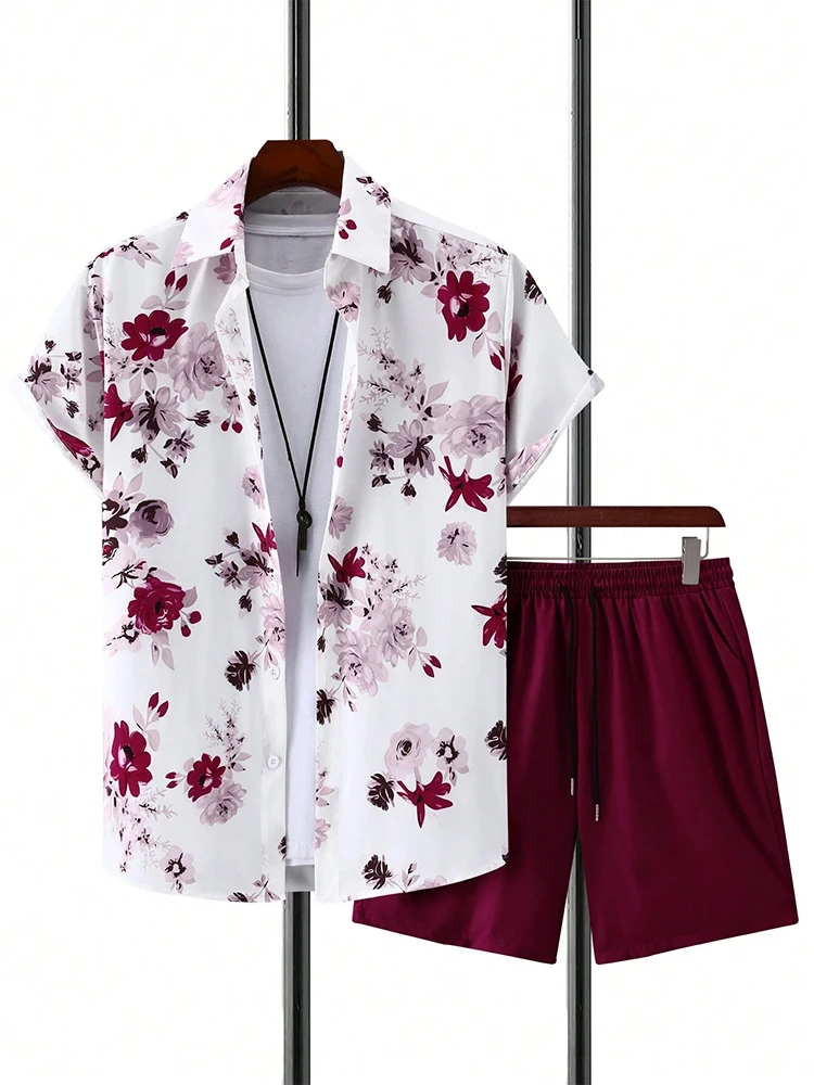 ملابس الشارع، بدلة هاواي، طقم قميص شاطئ مطبوع ثلاثي الأبعاد للرجال، قميص بأكمام قصيرة، شورت شاطئ كاجوال كبير الحجم #1