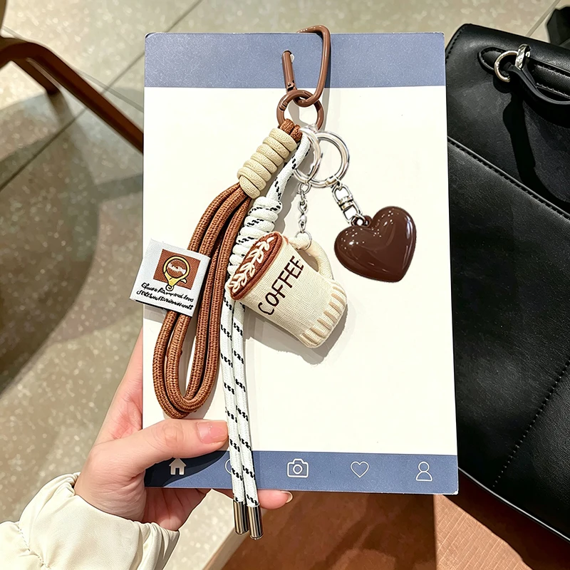 Bag Charm Cartoon Linen Embroidery Coffee Cup Pendant Lightweight Portable Cute Keychain for Backpack DIY Decor Charm Accessorie