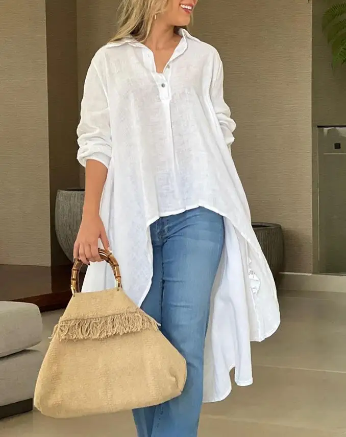 Top Women 2023 Spring Fashion Asymmetrical Buttoned Dip Hem Casual Turn-Down Collar Long Sleeve Plain Daily T-Shirt Shirt