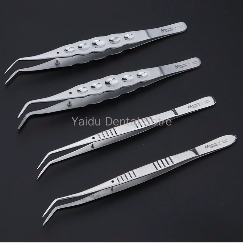 Pinzas dentales de 16cm, pinzas médicas de acero inoxidable sin dientes, doble curvada, herramienta de agarre de bola de algodón para examen Oral, 1 ud.