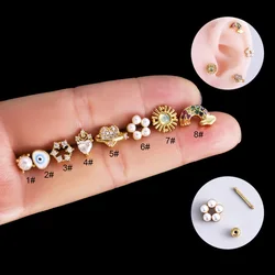 New Design 1PC Zircon Pearl Cartilage Earrings 20G Stainless Steel Flower Eye Rainbow Earring Stud Helix Tragus Piercing Jewelry