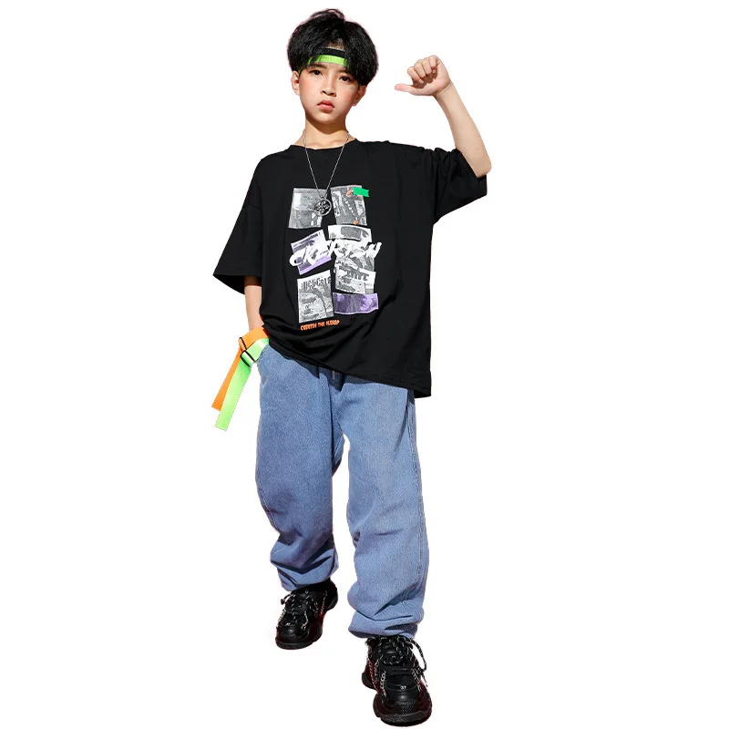 Boys Street Dance Printed T-shirt Loose Denim Pants Girls Streetwear Cool Top Hip Hop Jeans Kids Costumes Children Clothes Sets